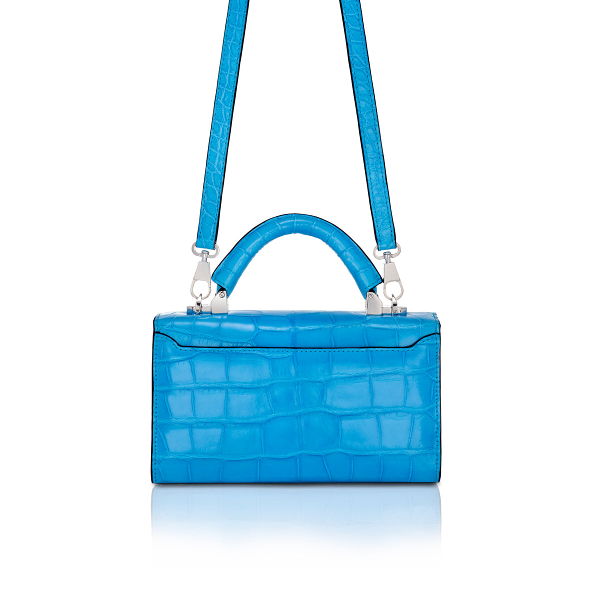 STALVEY Top Handle 2.0 Mini in Electric Blue Alligator with Palladium Hardware Front View