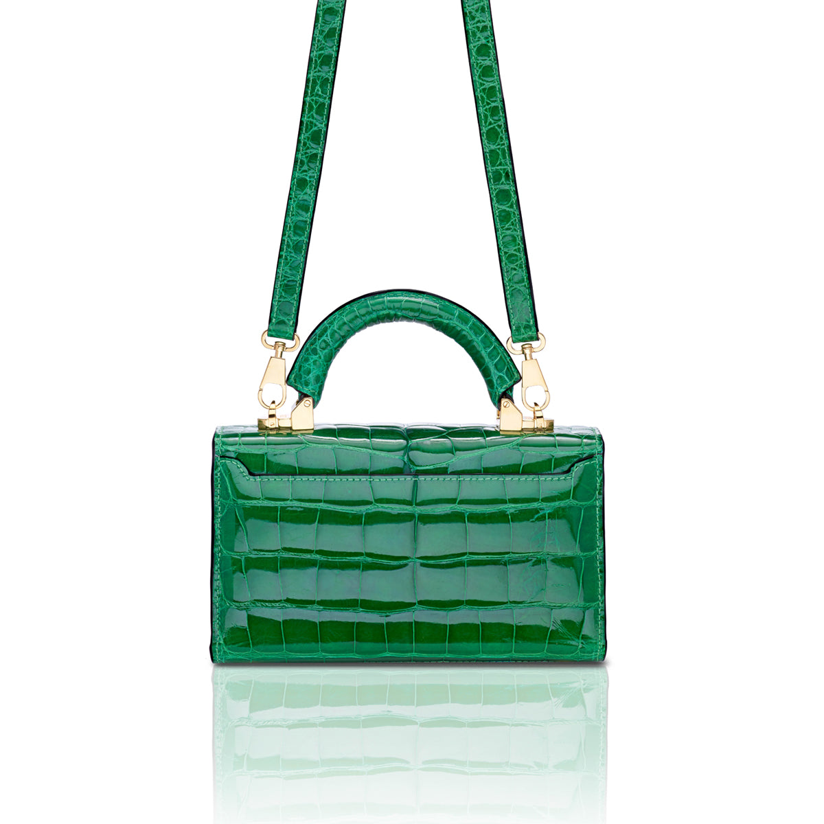 STALVEY Top Handle 2.0 Mini in Grass Green Alligator with 24kt Gold Hardware Back View