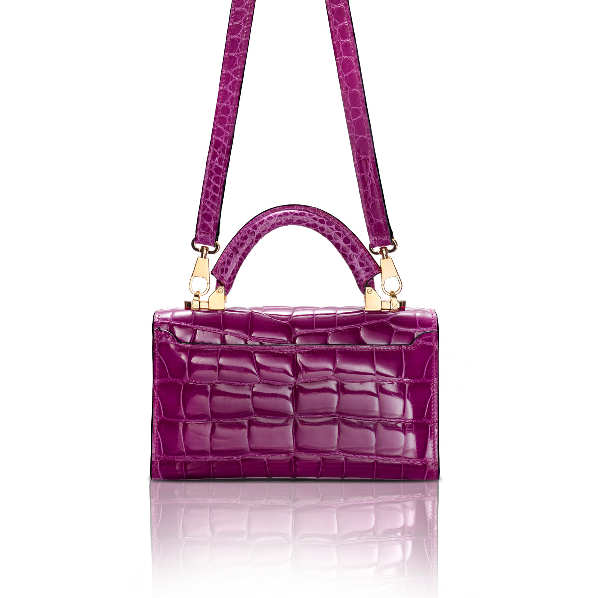 STALVEY Top Handle 2.0 Mini in Magenta Alligator with 24kt Gold Hardware Back View