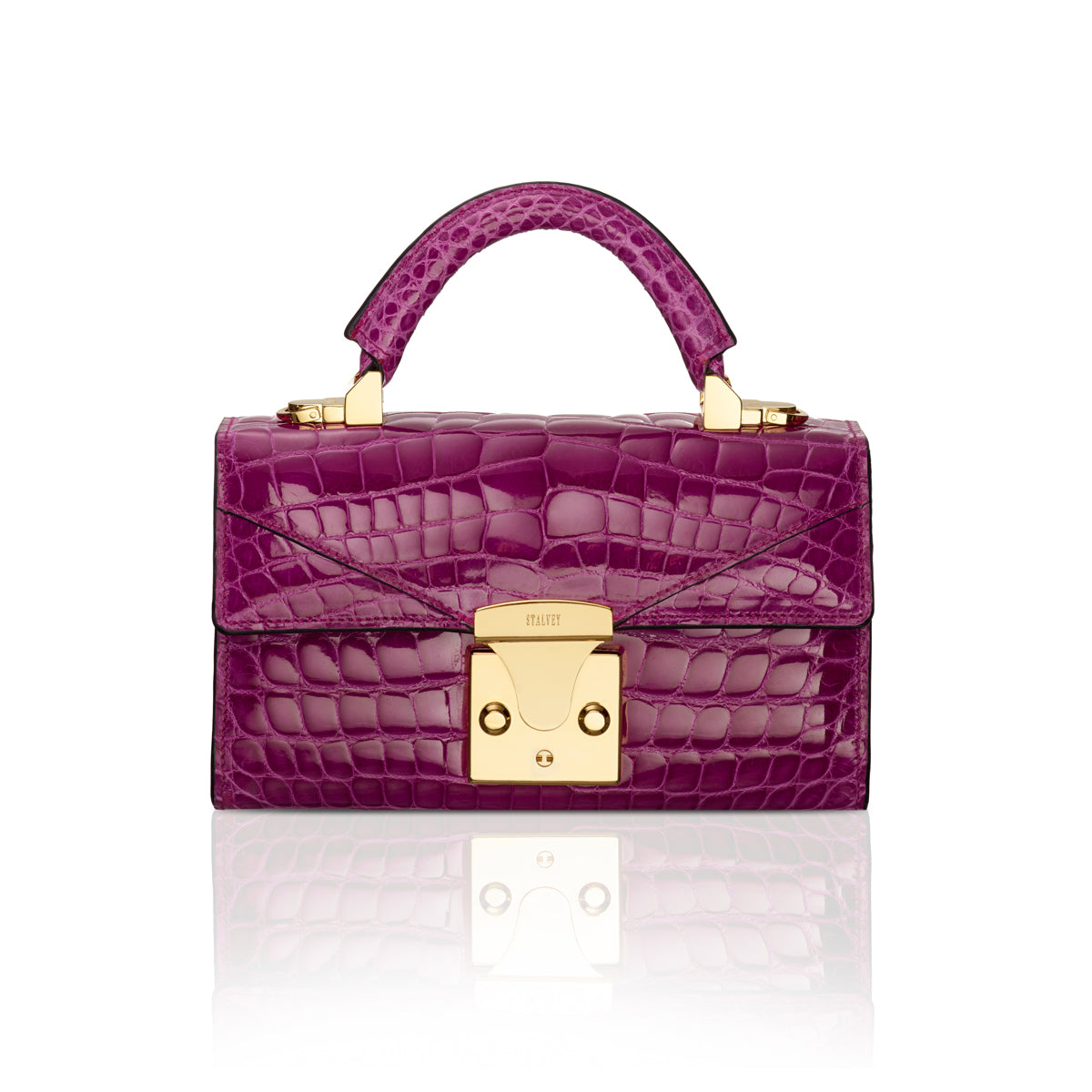 STALVEY Top Handle 2.0 Mini in Magenta Alligator with 24kt Gold Hardware Front View