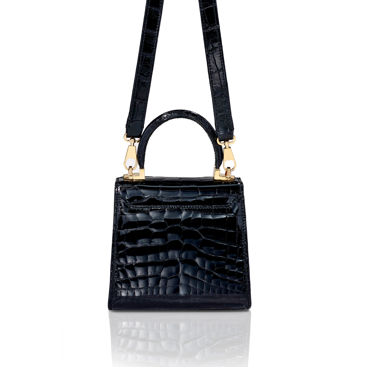 STALVEY Trapezoid 1.55 Mini in Black Alligator with 24kt Gold Hardware Front View