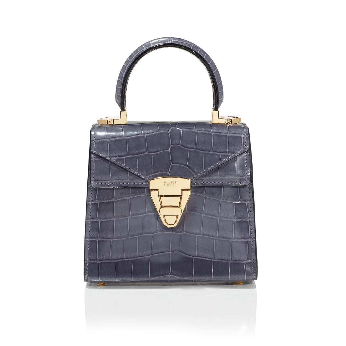 STALVEY Trapezoid 1.55 Mini in Denim Alligator with 24kt Gold Hardware Front View
