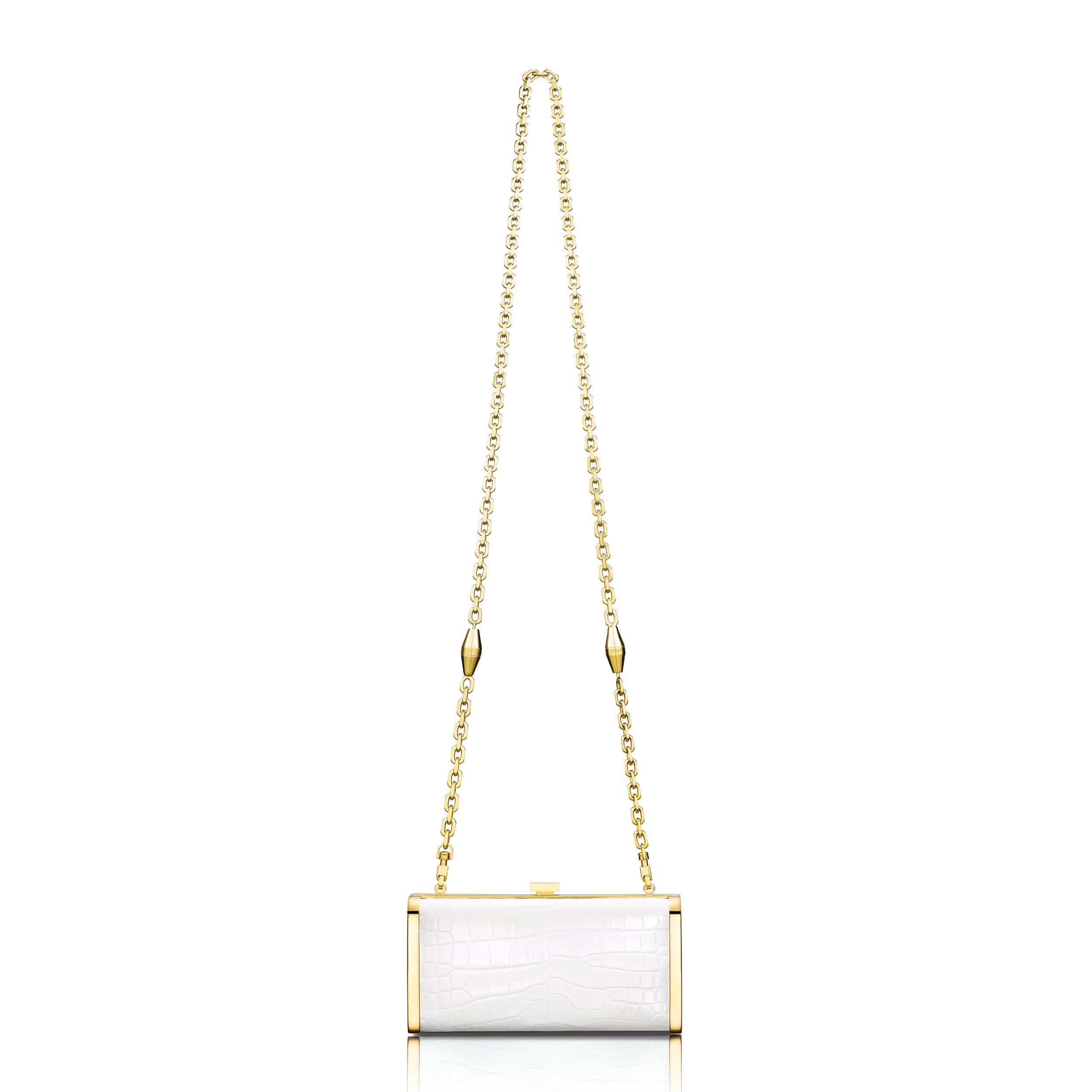 STALVEY Square Clutch in White Alligator with 24kt Gold Hardware Front View with Chain