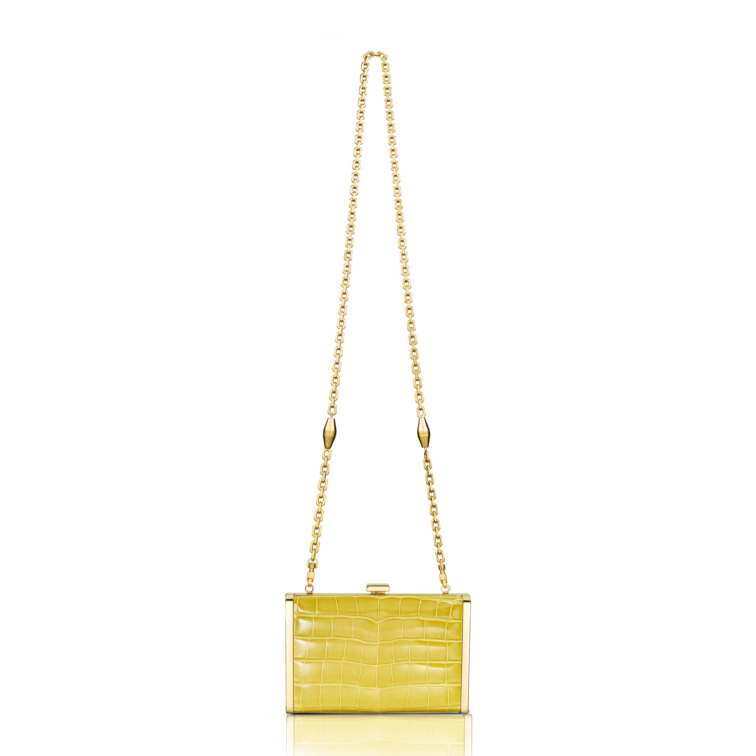 STALVEY Rounded Clutch in Yellow Alligator with 24kt Gold Hardware Front View with Chain