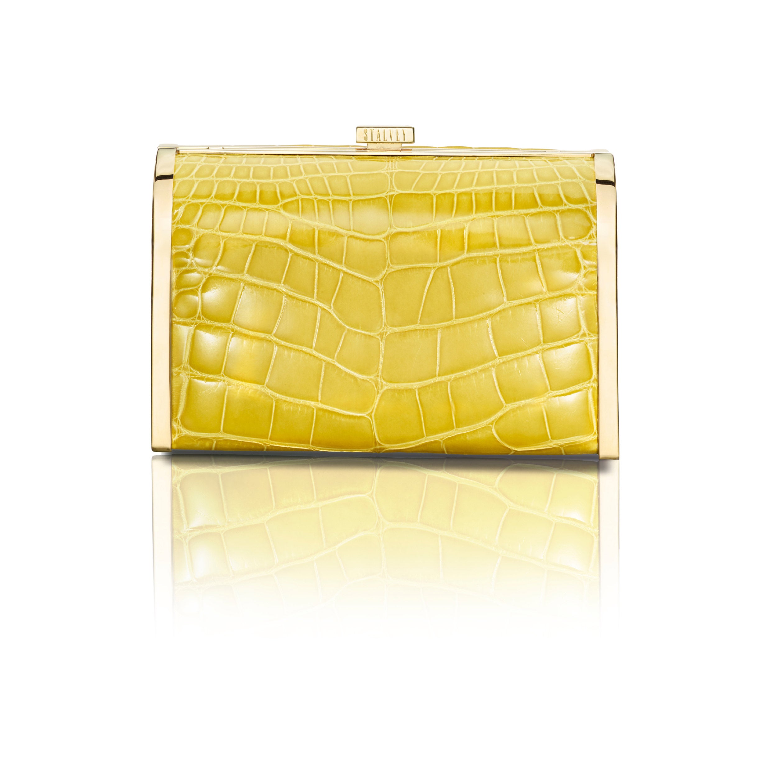 STALVEY Rounded Clutch in Yellow Alligator with 24kt Gold Hardware Front View